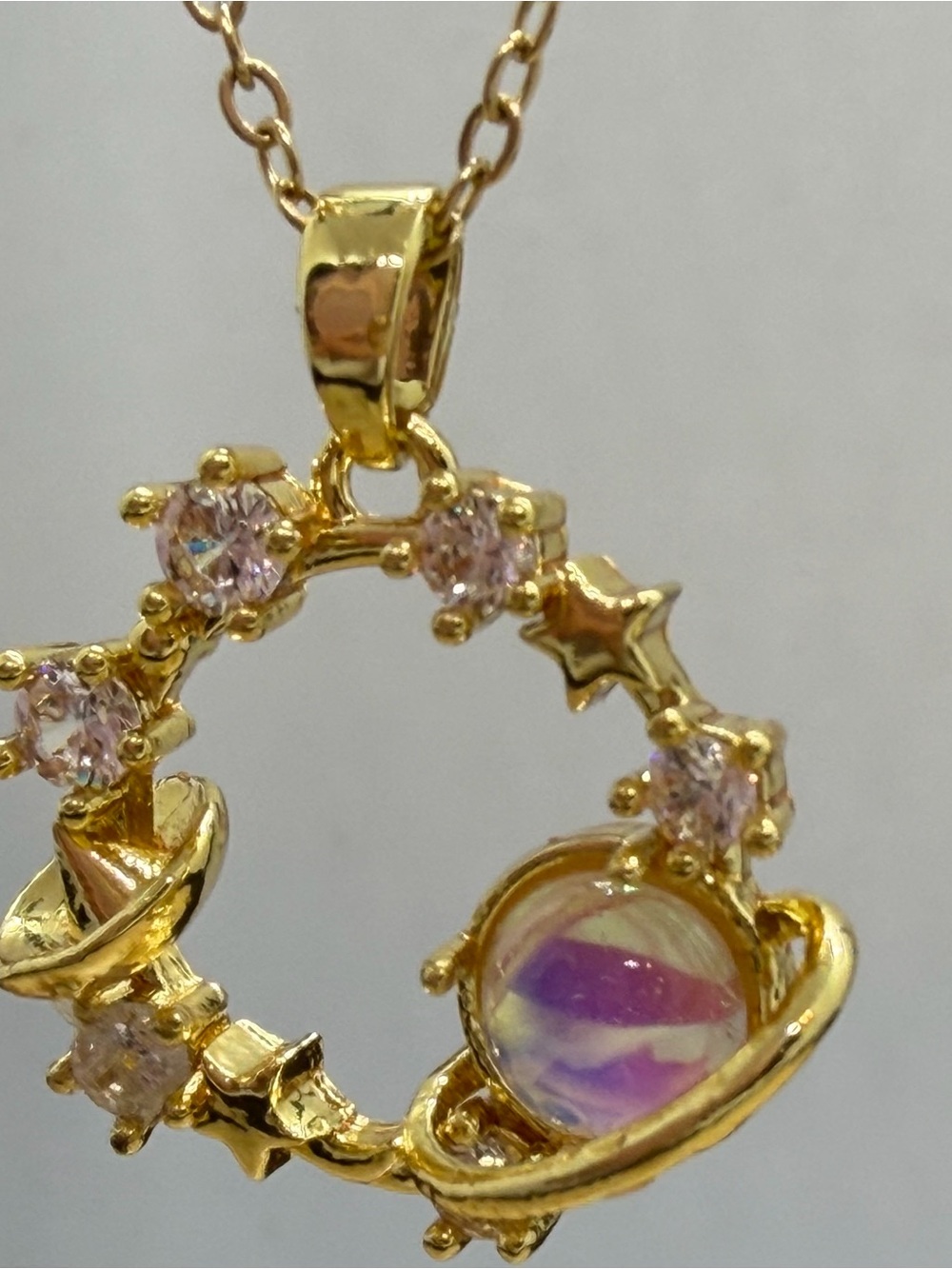 Gold Planet Orbit Pendant Necklace with Pink Opalescent Stone